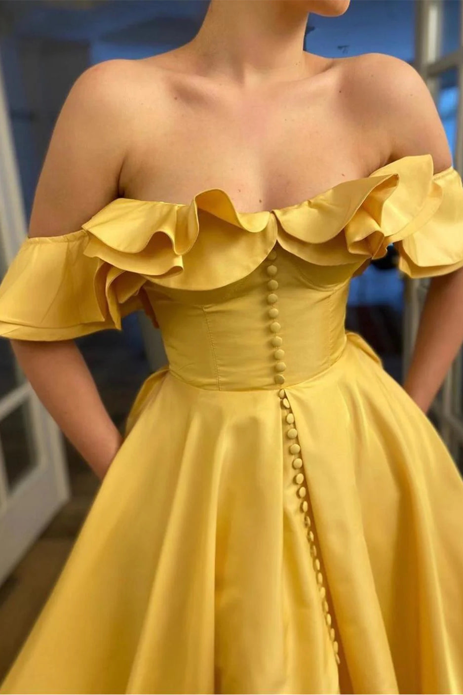 Yellow A-line Off Shoulder A-line Prom Dresses With Ruffles Neckline, Newest Prom Dresses