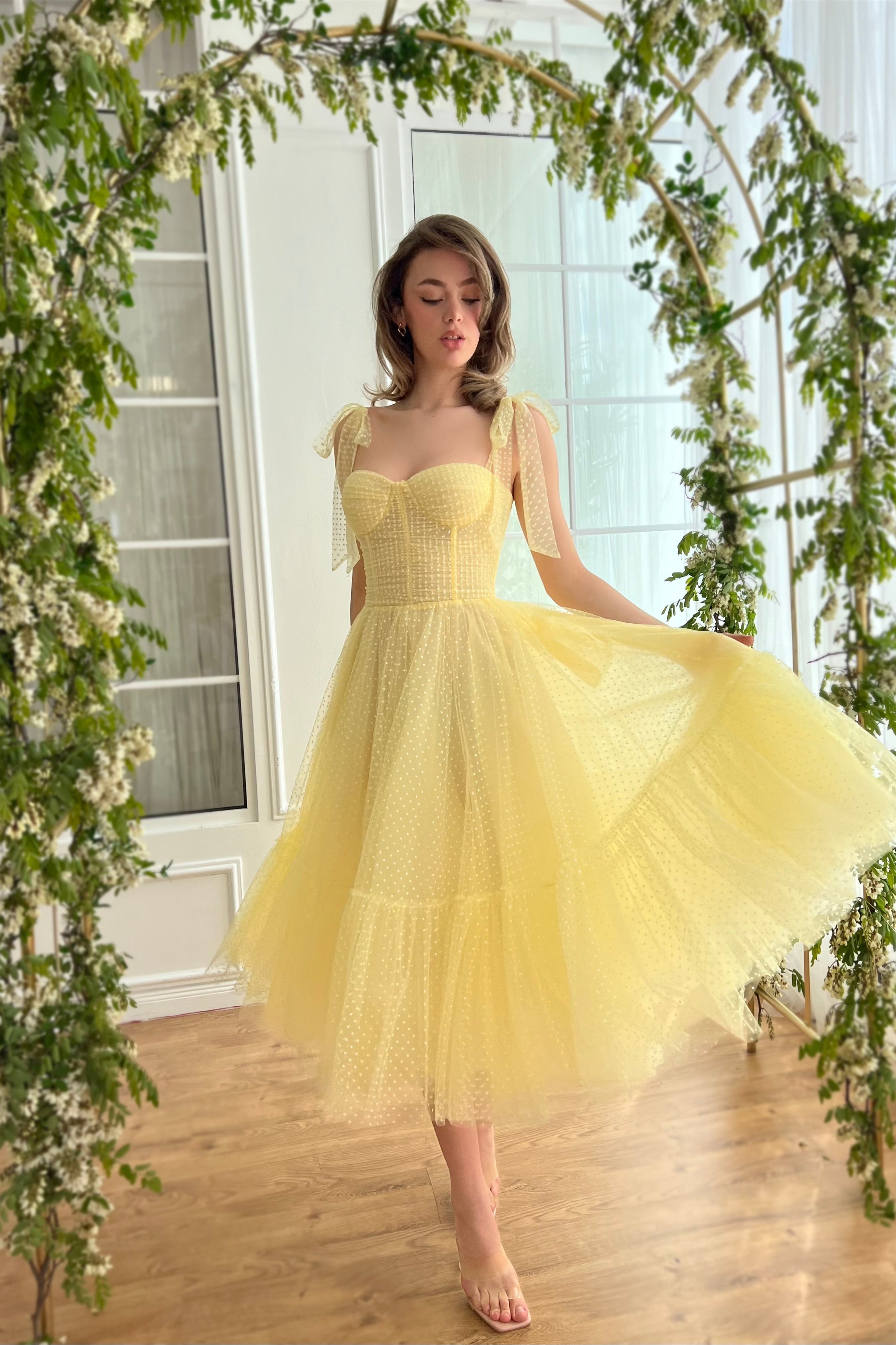 Yellow Polka Dots Midi Dresses, Lovely Prom Dresses With Bow Straps, Newest Prom Dresses