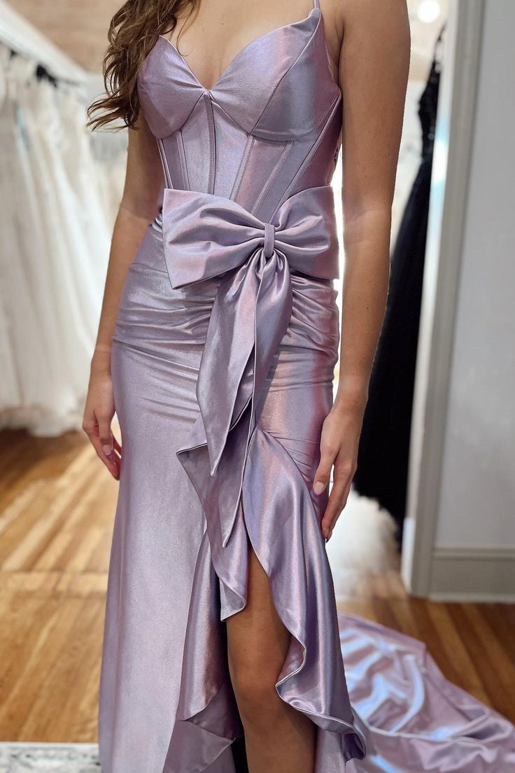 Spaghetti Long Mermaid Light Purple High Slit Ruffles Prom Dresses With Bow, Lovely Party Dancing Dresses, Newest Prom Dresses