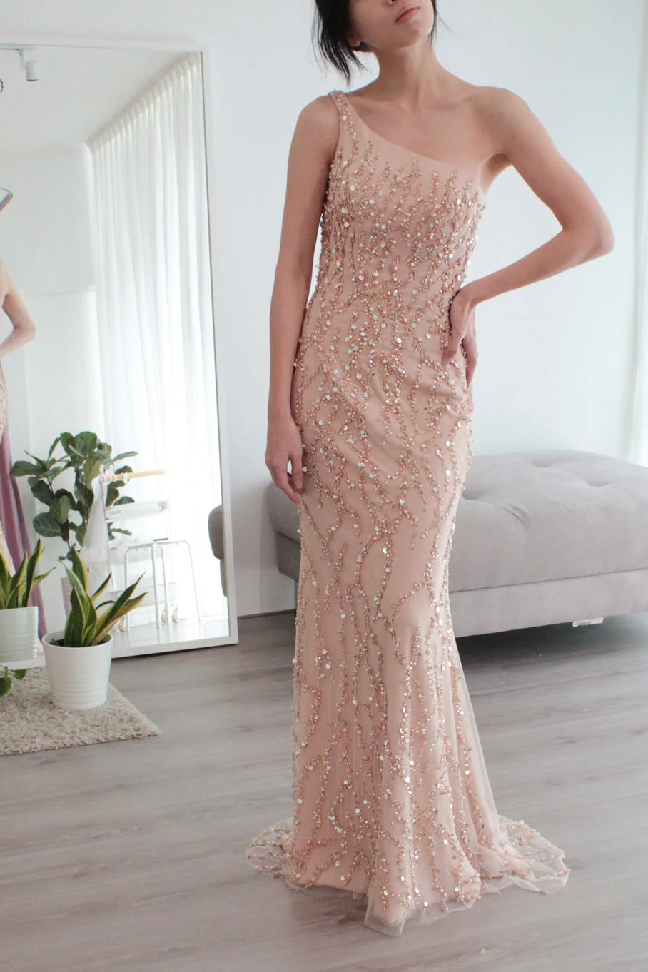 One Shoulder Sequin Beaded Sheath Prom Dresses, Wedding Dresses, Special Wedding Dresses