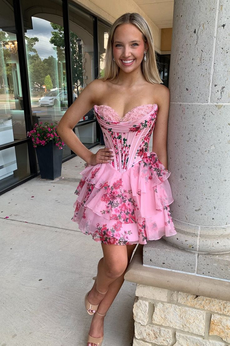 Pink Floral Short Prom Dresses WIth Bones, Lovely Mini Dresses, Homecoming Dresses