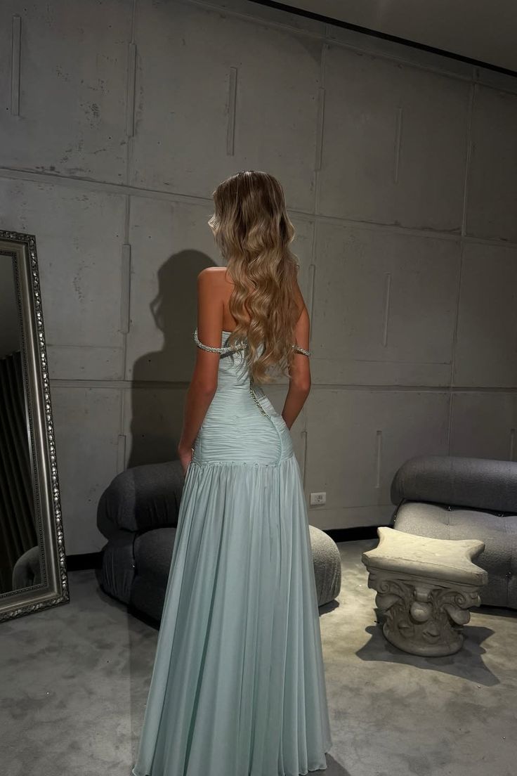 Baby Blue A-line Pleated Prom Dresses With beaded Details, Newest Prom Dresses