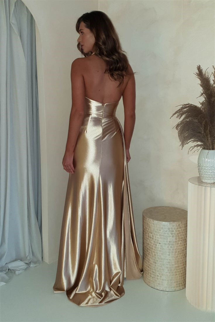 Sexy Halter Gold Soft Satin Prom Dresses, High Side Slit Prom Dresses, 2025 Prom Dresses