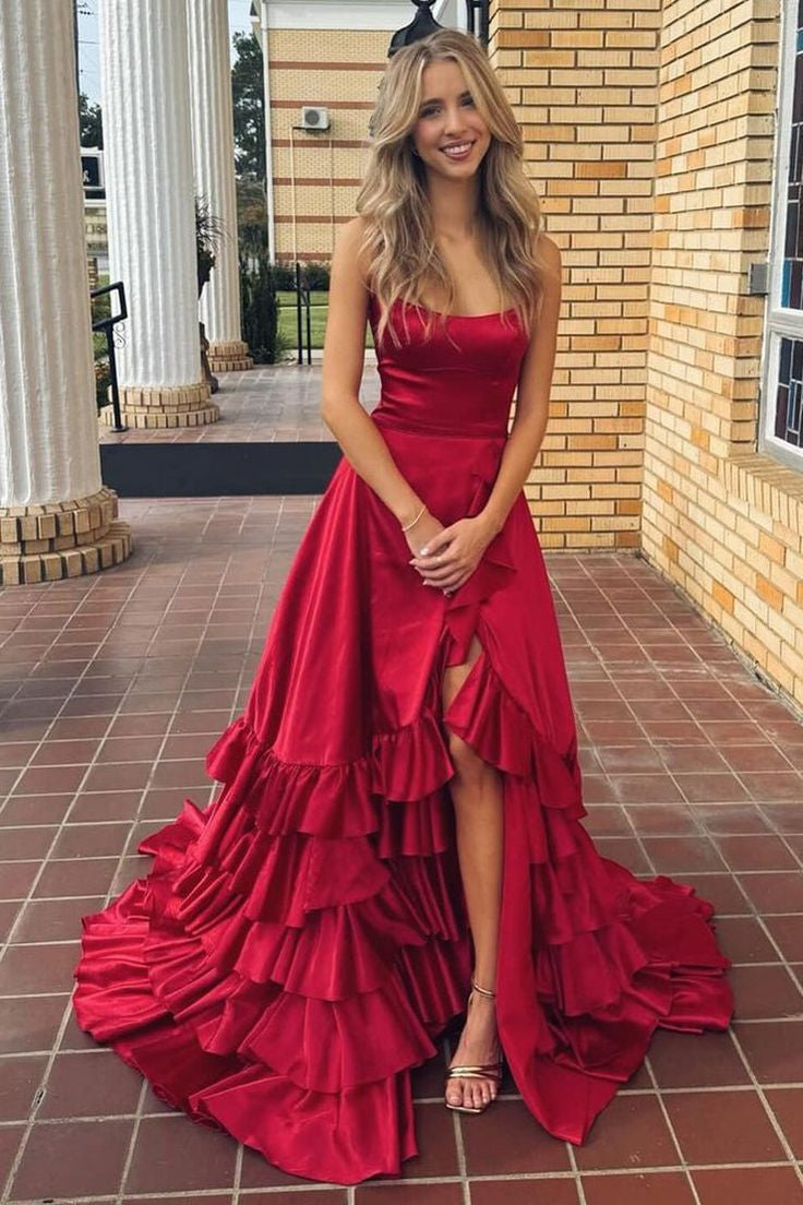 Spaghetti Long A-line Red Ruffled Prom Dresses, Front Slit Prom Dresses, Popular Maxi Dresses
