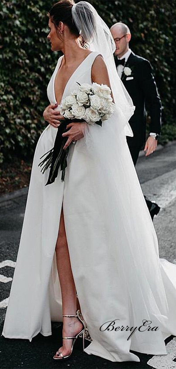Deep V-neck Satin Wedding Dresses, A-line High Slit Wedding Dresses With Pocket