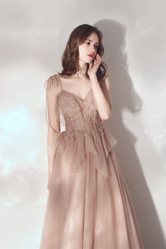 Spaghetti Long A-line Dark Champagne Lace Tulle Prom Dresses, Newest Prom Dresses, 2022 Prom Dresses, RC010