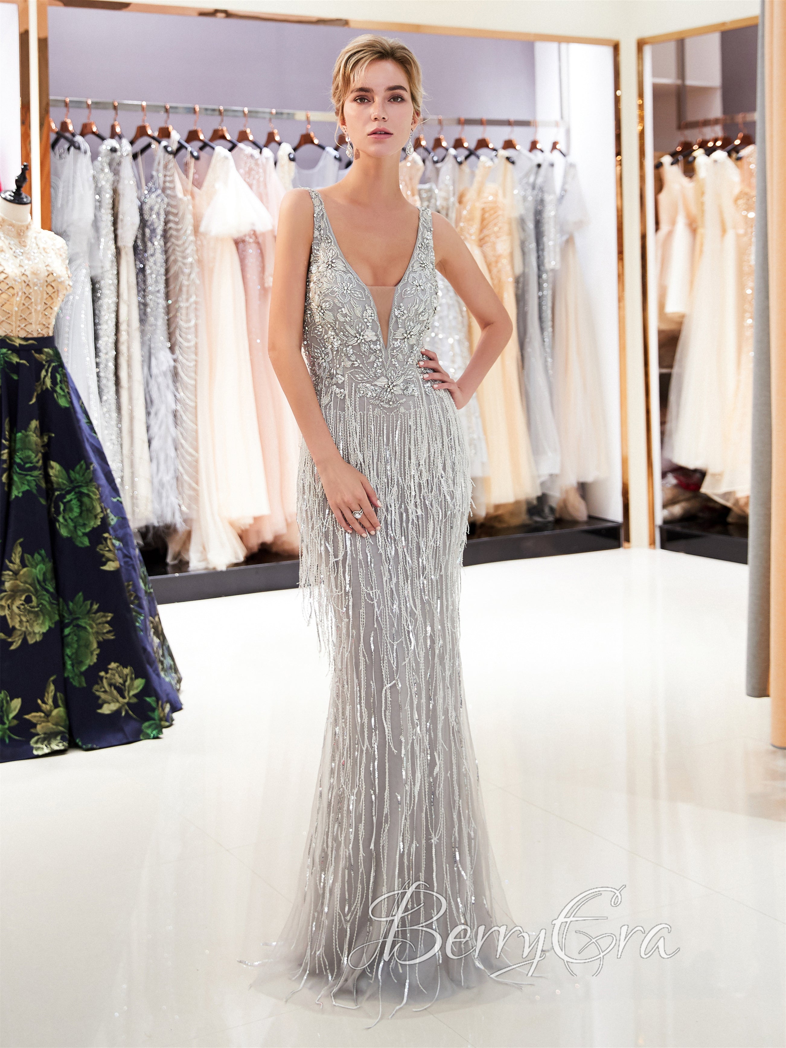 silver beaded prom dress Deep V-neck Tassel Dresses, Mermaid Prom Dresses, Gorgeous Long Prom Dresses, 2023 Prom Dresses making it a versatile Mauri 53125 Body Alligator Plus Size Linen Color:mango yellow
