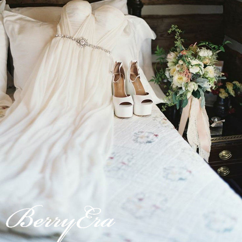 Off Shoulder Long A-line Side Slit Ivory Chiffon Wedding Dresses, Country Wedding Dresses, Bridal Gown