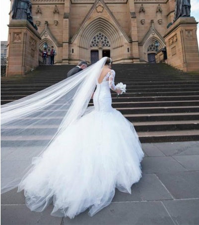 V-neck Long Sleeves Lace Tulle Wedding Dresses, White Wedding Dresses, Mermaid Wedding Dresses