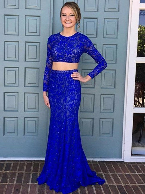 2019 New Blue Lace Prom Dress, Two Pieces Long Sleeves Prom Dress