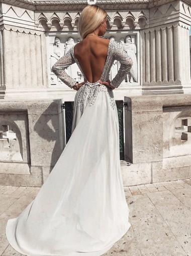 Long Sleeves Gray Beaded A-line Chiffon Prom Dresses