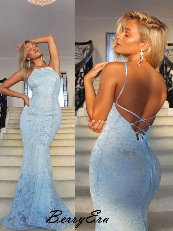 Newest Light Blue Lace Prom Dresses, Open Back Sexy Mermaid Prom Dresses