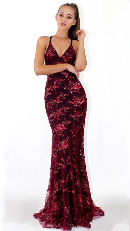 Long Mermaid Burgundy Sequin Lace Prom Dresses, Long Prom Dresses, Affordable Prom Dresses