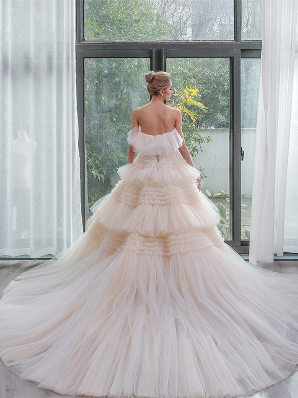 Strapless Layers of Tulle Puffy Wedding Dresses, Flowy A-line
