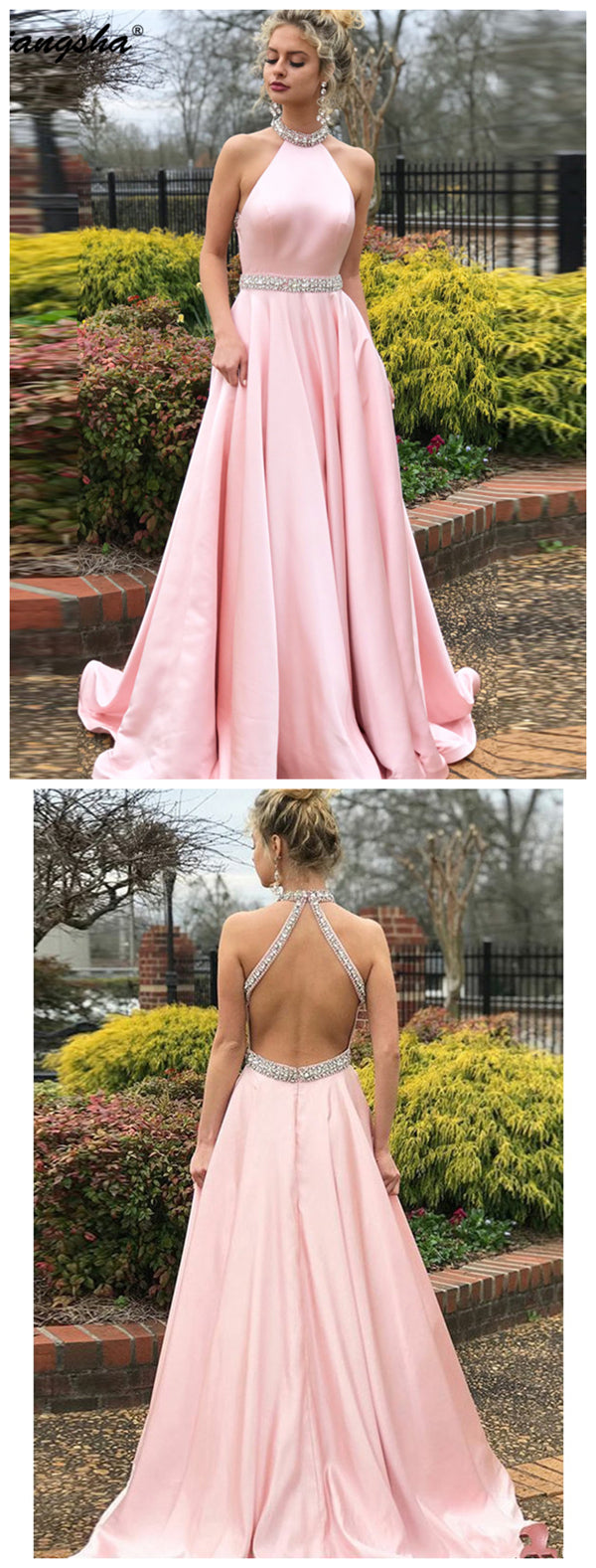 2019 Halter Beads Open Back A Line Sweep Train Satin Evening Party Special Prom Dress