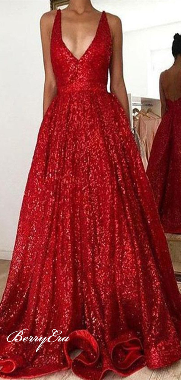 Formal Red Sequin Elegant Long Prom Dresses, Modest Prom Dresses, Popular Prom Dresses