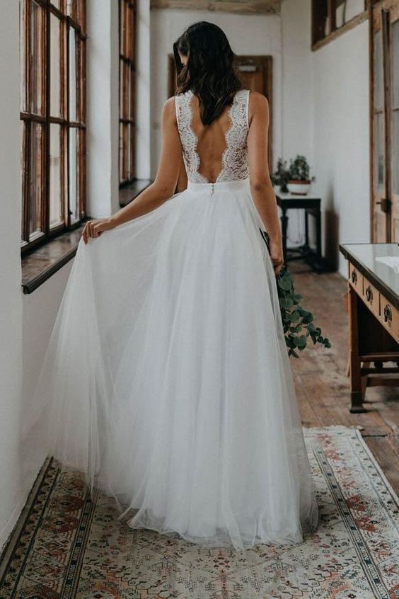 V-neck Long A-line Lace Tulle Wedding Dresses, Long Wedding Dresses, Bridal Gown