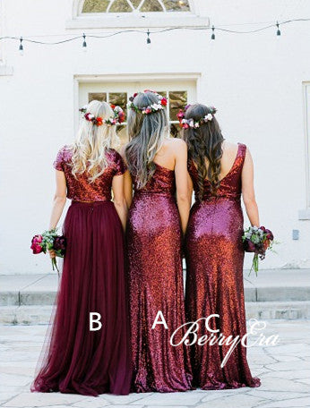 Mismatched Burgundy Sequin Bridesmaid Dresses, Lovely Bridesmaid Dresses