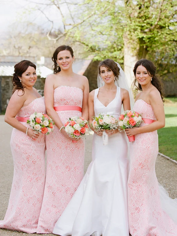 Strapless Lace Long Bridesmaid Dresses, New Wedding Guest Dresses, 2020 Bridesmaid Dresses