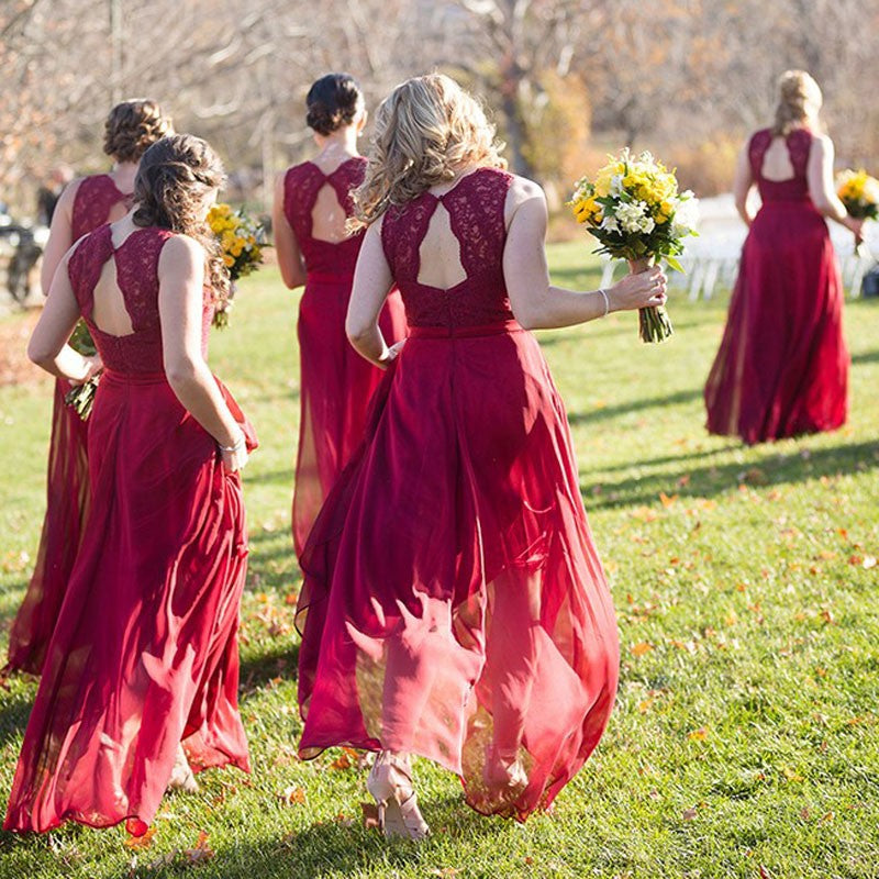 Lace A-line Popular Brideamaid Dresses, Burgundy Color Chiffon Bridesmaid Dresses