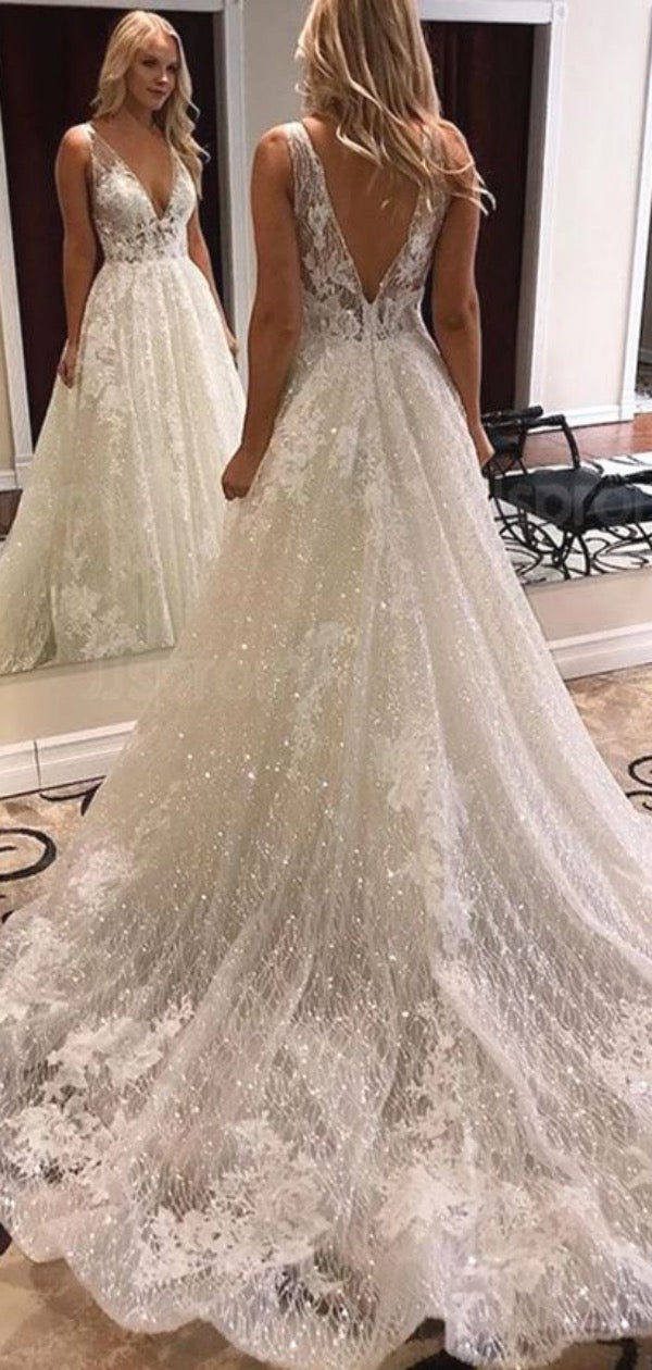 Elegant A-line Lace Wedding Dresses, V-neck Popular Wedding Dresses, Bridal Gowns