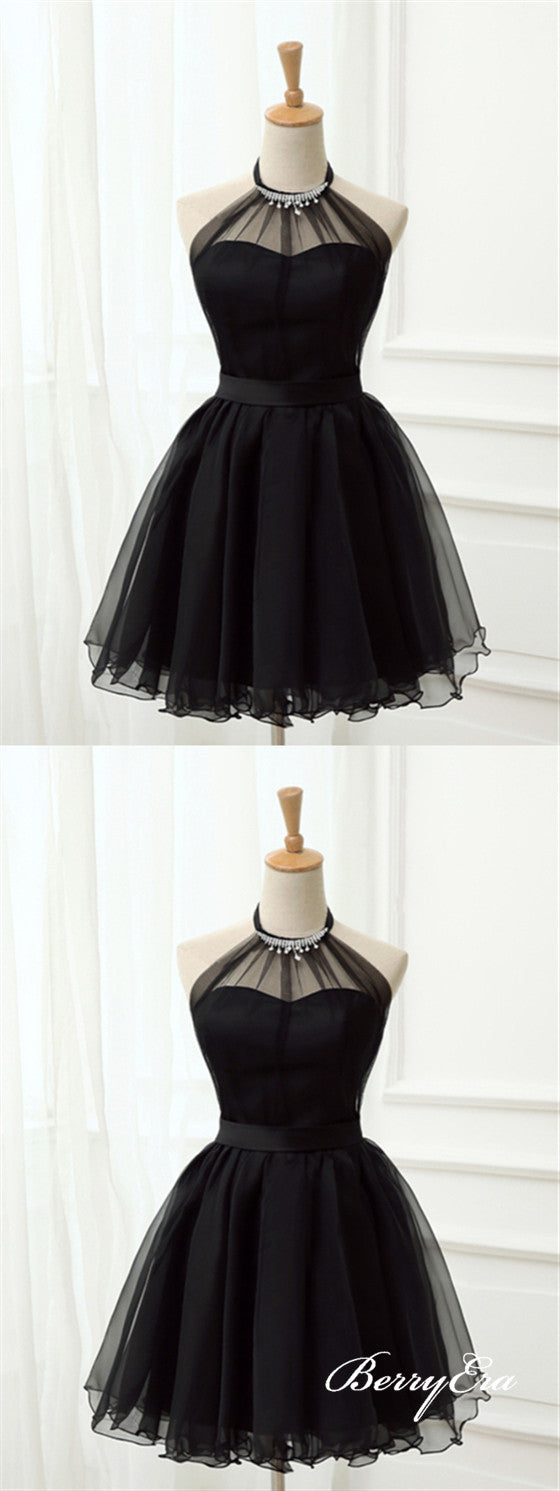 Simple Halter Black Tulle Homecoming Dresses, Little Black Dresses