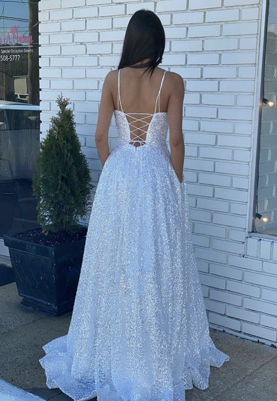 Spaghetti Straps Sequins Long Prom Dresses, A-line Bling 2020 Newest Prom Dresses