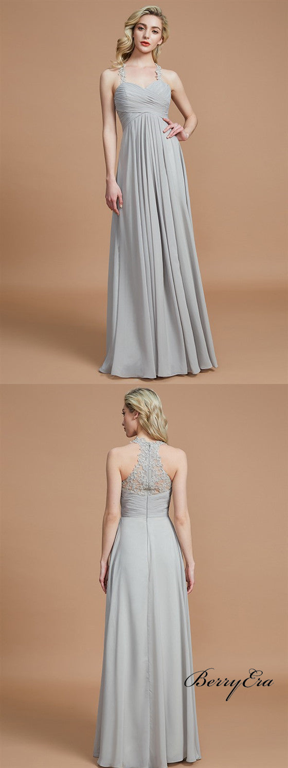 Lace Straps A-line Grey Chiffon Long Bridesmaid Dresses