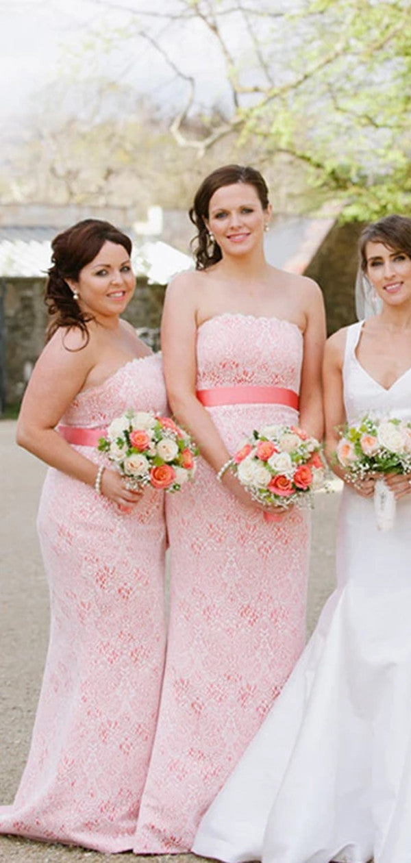 Strapless Lace Long Bridesmaid Dresses, New Wedding Guest Dresses, 2020 Bridesmaid Dresses