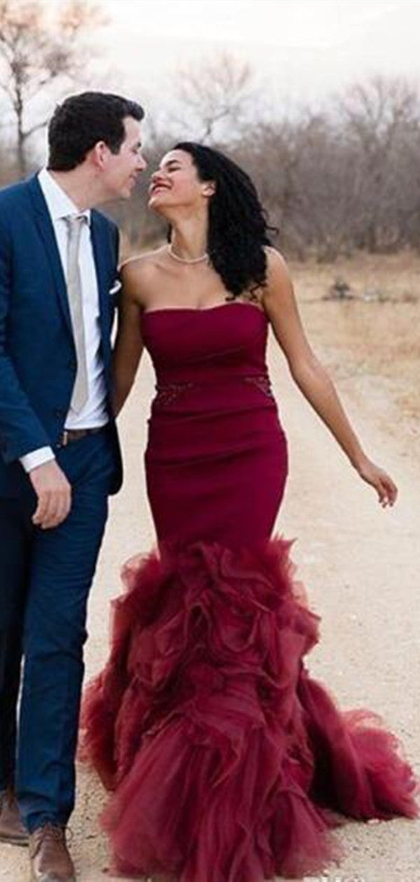 2020 Burgundy Mermaid Wedding Dresses, Wine Red Strapless Backless Long Bridal Party Gowns