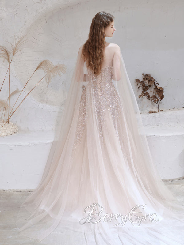 V-neck Nude Champagne Beaded Tulle Prom Dresses, Princess Dresses With Cape, Newest Prom Dresses, 2023 Prom Dresses