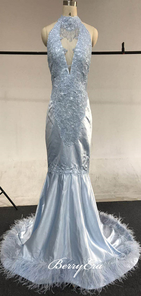 Custom Design Halter Long Prom Dresses, Mermaid Lace Prom Dresses, 2020 Prom Dresses