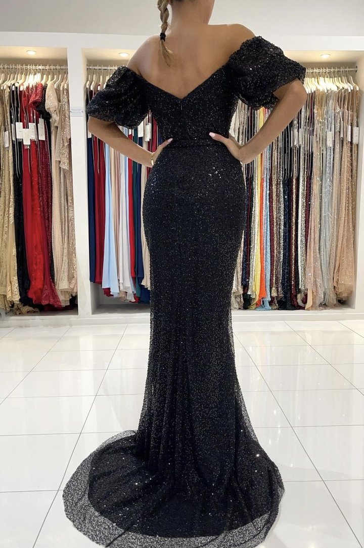 Off Shoulder Bubble Sleeves Black Shiny Prom Dresses, Mermaid Prom Dresses, Newest 2022 Prom Dresses, RC026