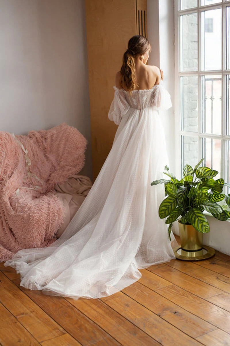 Long Sleeves Off Shoulder Polka Dots Wedding Dressesm Boho Wedding Dresses, A-line Wedding Dresses, 2021 Wedding Dresses