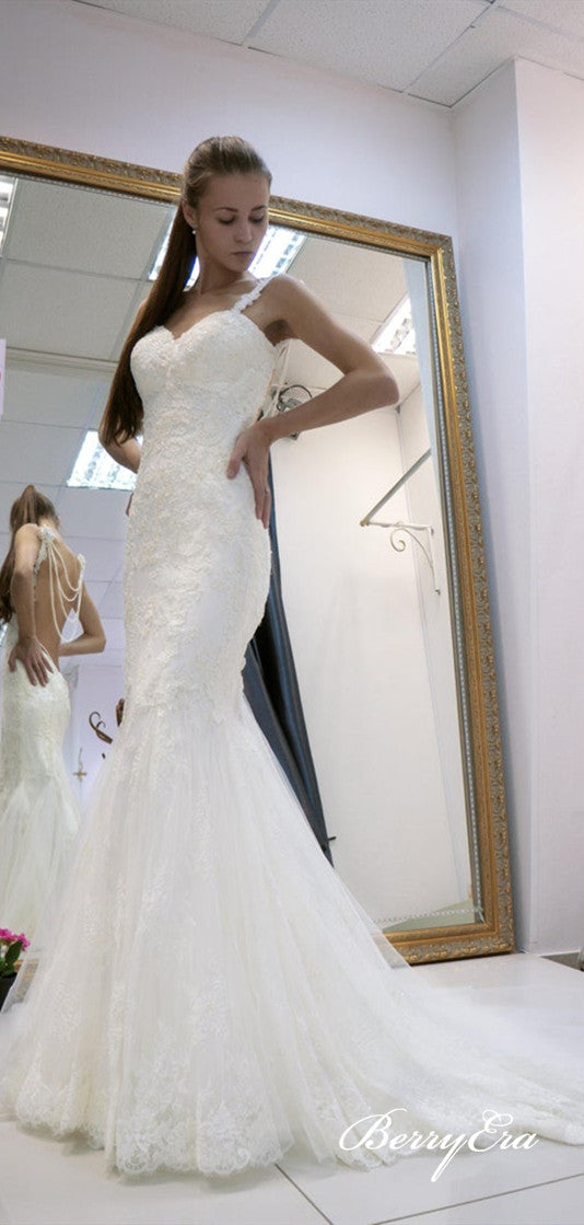 Straps Lace Mermaid Long Wedding Dresses With Veil