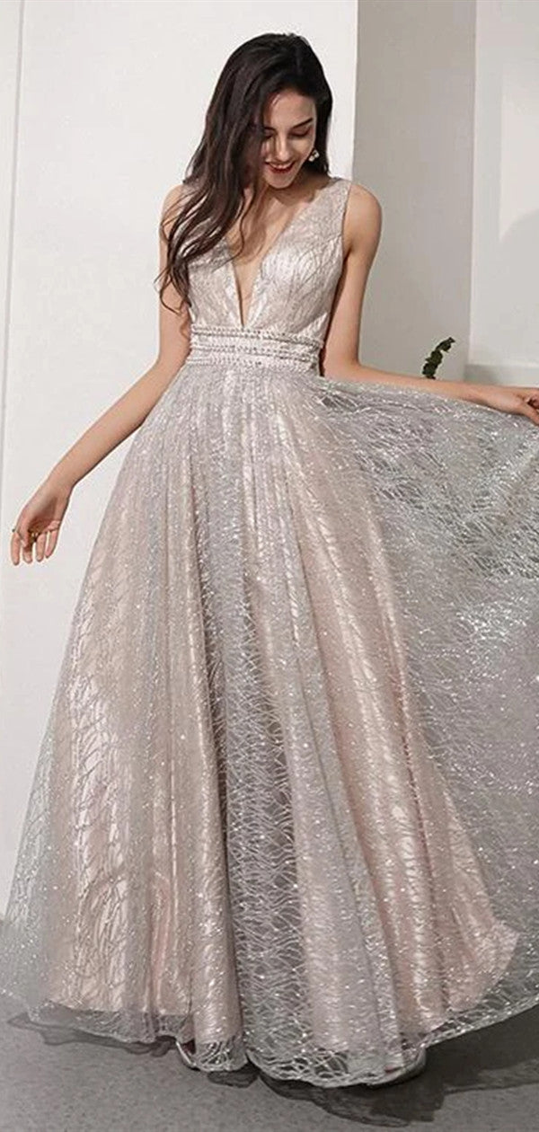 V-neck Sequins Long Prom Dresses, 2020 Affordable Prom Dresses, New Prom Dresses