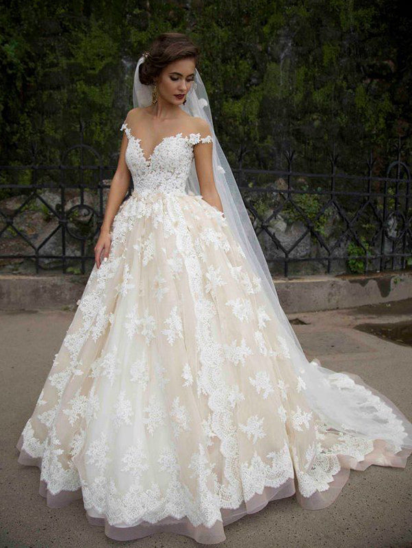 Off Shoulder Lace Tulle Long Wedding Dresses, A-line Wedding Dresses, Romantic Long Wedding Dresses