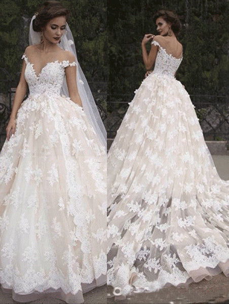 Off Shoulder Lace Tulle Long Wedding Dresses, A-line Wedding Dresses, Romantic Long Wedding Dresses
