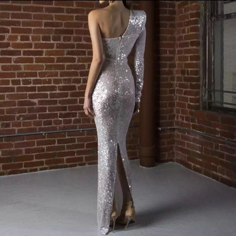 One Shoulder Silver Sequin Long Mermaid Prom Dresses, Sexy Prom Dresses, 2021 Prom Dresses