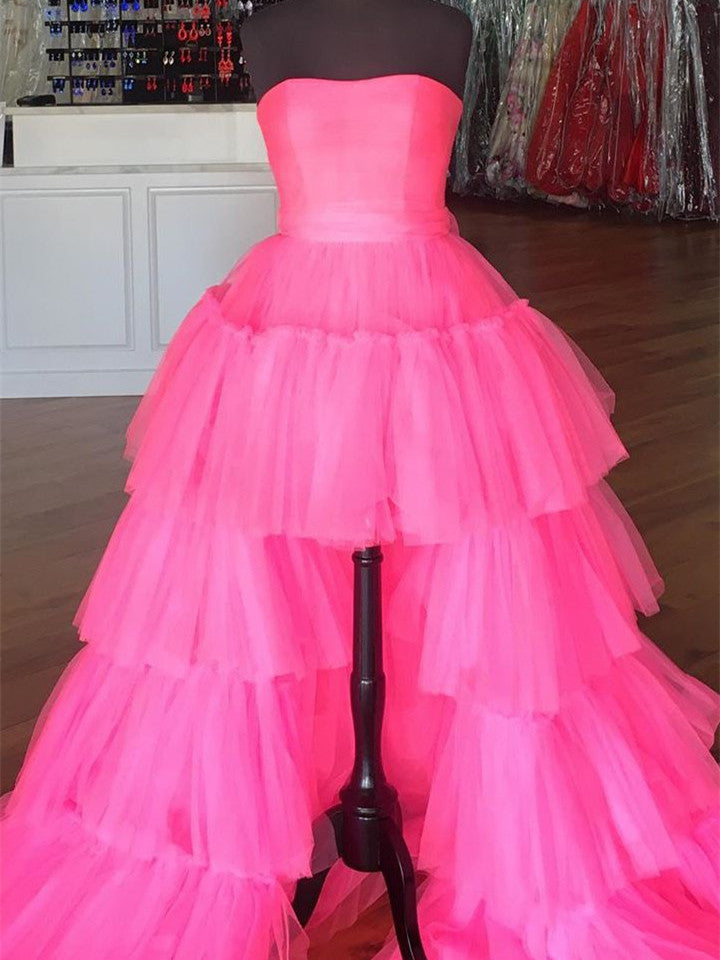 Strapless Long A-line Hot Pink Prom Dresses, Hi-low Prom Dresses, Fluf Berryera Strapless Long A-line Hot Pink Prom Dresses, Hi-low Prom Dresses, Fluf Berryera