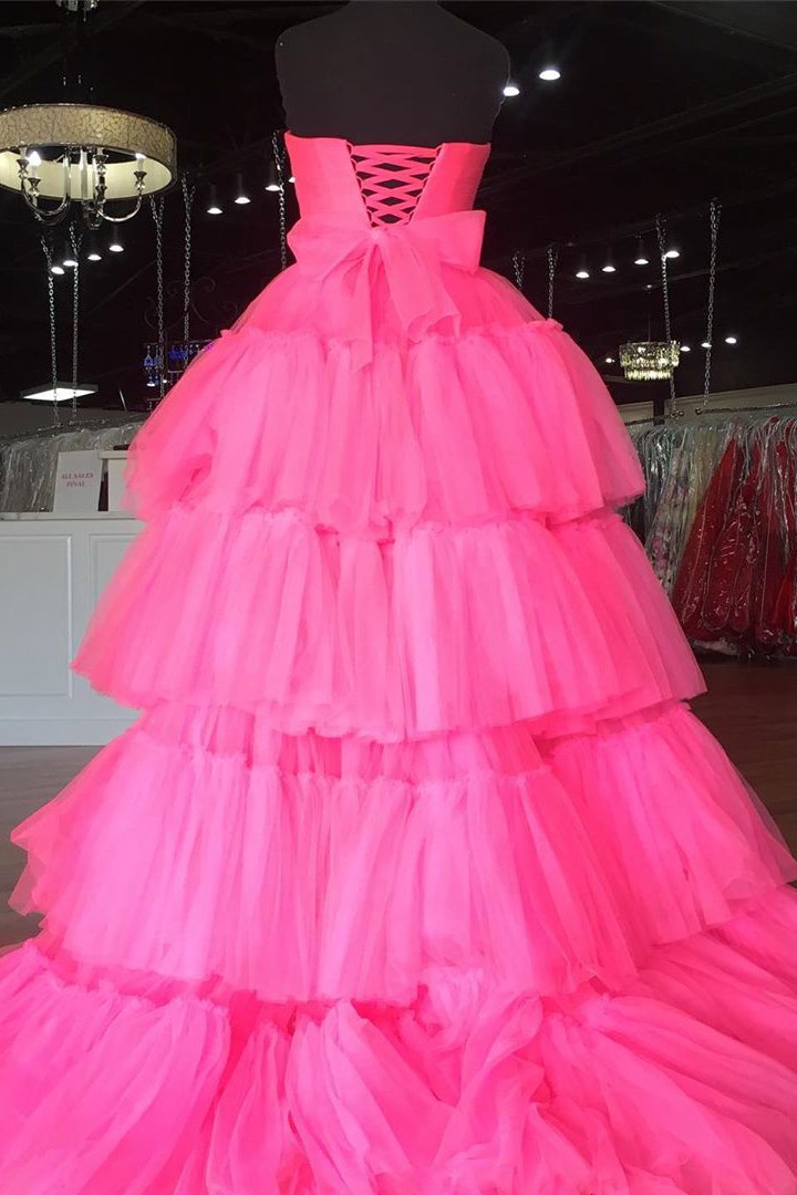Strapless Long A-line Hot Pink Prom Dresses, Hi-low Prom Dresses, Fluffy 2021 Prom Dresses