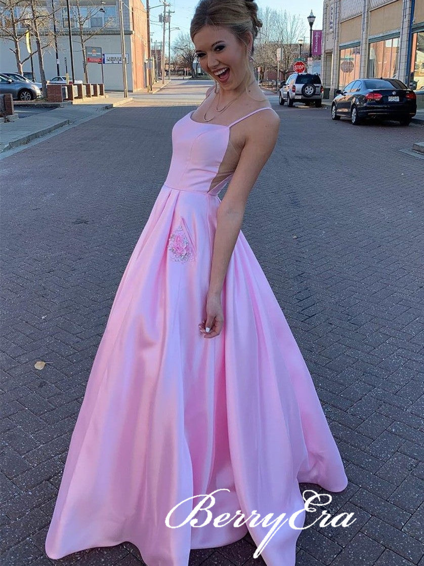 Pink Long A-line Prom Dresses, Satin Prom Dresses, Cute Prom