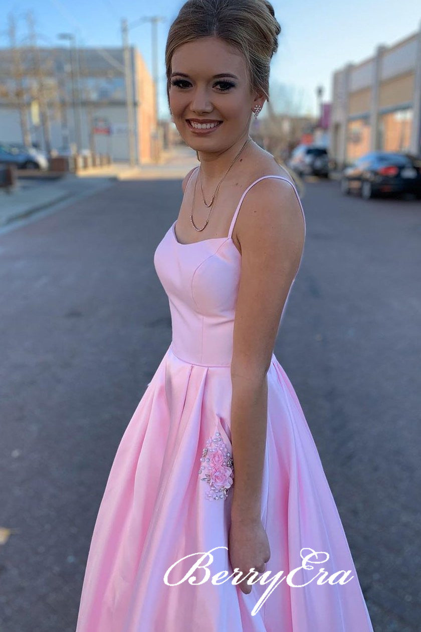 Pink Long A-line Prom Dresses, Satin Prom Dresses, Cute Prom Dresses With Pockets, Long Prom Dresses