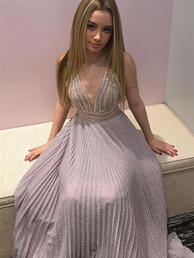 V-neck Sklver Beaded Rhinestone Prom Dresses, Shemmering Prom Dresses, 2021 A-line Prom Dresses