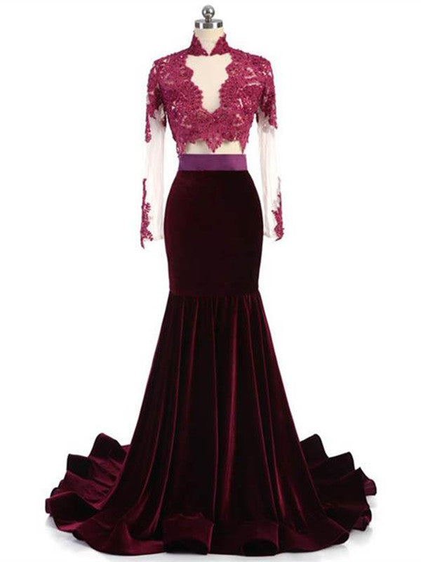 Mermaid Velvet Long Sleeves Lace Prom Dress, Burgundy Evening Dress