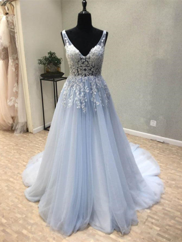 Elegant Light Blue Tulle Prom Dresses, Applique A Line Prom Dresses Long