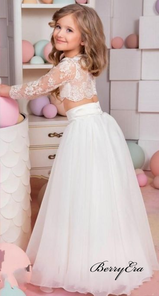 Two Pieces Long Sleeves Tulle A line Lace Flower Girl Dresses