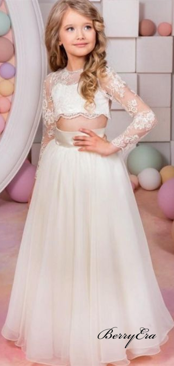 Two Pieces Long Sleeves Tulle A-line Lace Flower Girl Dresses