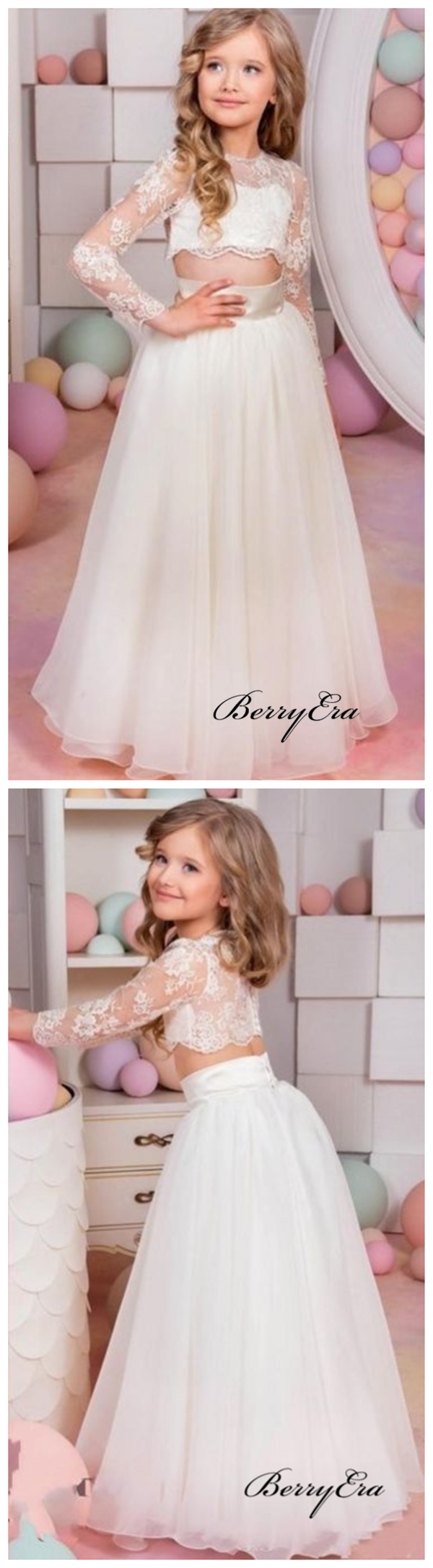 Two Pieces Long Sleeves Tulle A line Lace Flower Girl Dresses Berryera
