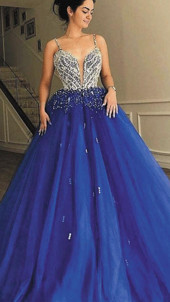V-neck Rhinestone Beaded Top Long A-line Royal Blue Tulle Prom Dresses, Formal Dresses, Long Prom Dresses